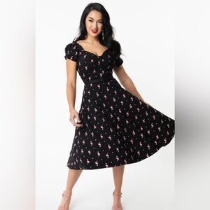 Unique Vintage Polka Dot and Flamingo Print Midi Dress sz 2x sx 18